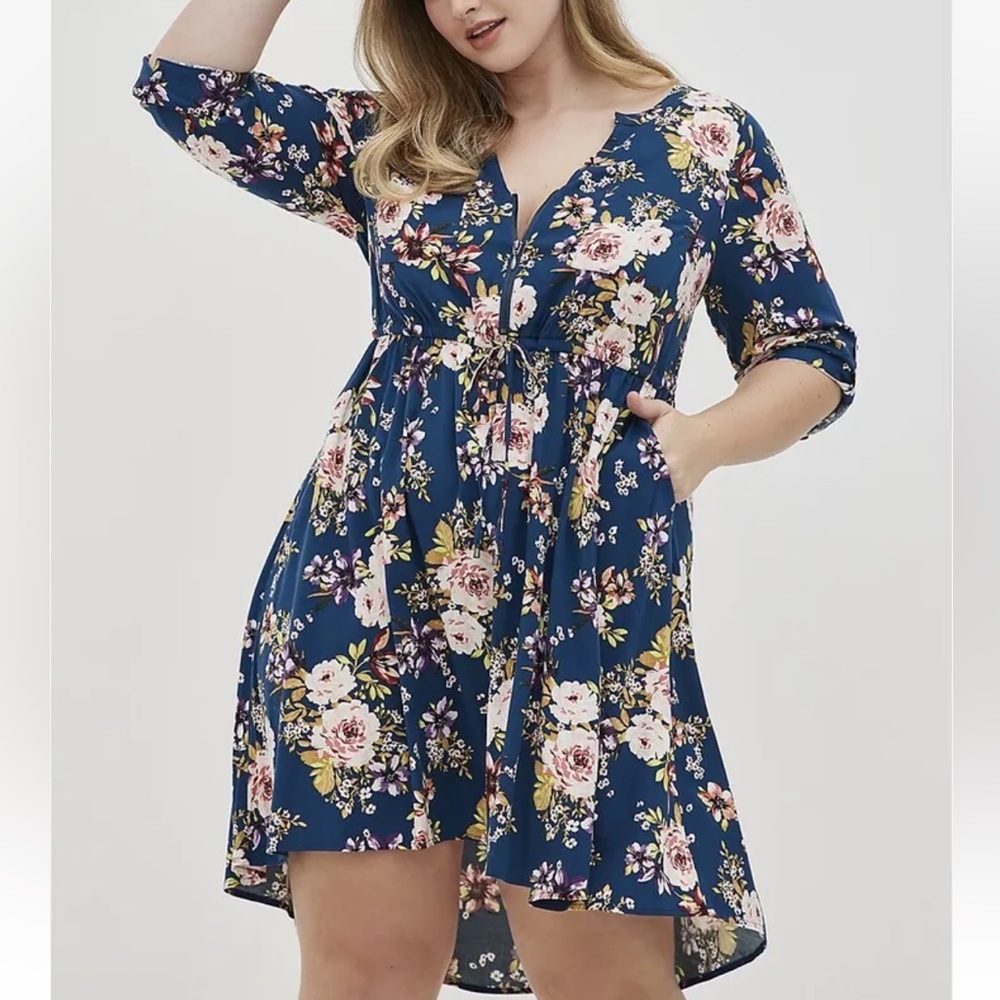 Torrid 2X Mini Challis High-Low Shirt Dress Floral Blue